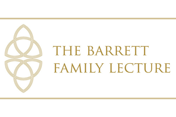 Gold celtic knot next to "THE BARRETT FAMILY LECTURE" in gold text on a white background.