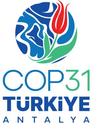 Logo for COP31 Türkiye Antalya: a red tulip with green leaves rises from blue abstract shapes resembling land and sea.